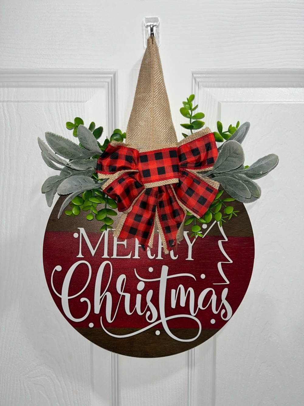 Merry Christmas Red & Brown Holiday Door Hanger with Buffalo Plaid Bow